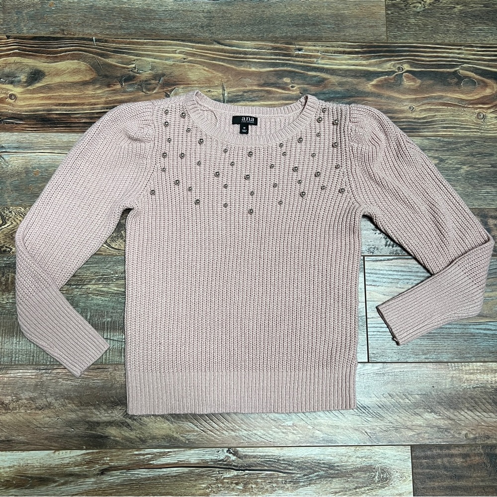 a.n.a Pink Crew Neck With Metallic Beads Sweater Size M